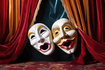 theater masks - comedy and tragedy - on a velvet curtain - obrazy, fototapety, plakaty