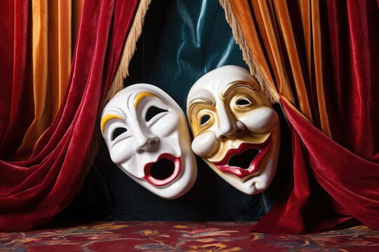theater masks - comedy and tragedy - on a velvet curtain