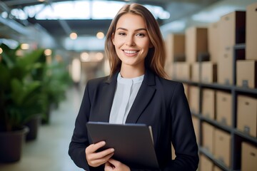 Smiling manager woman holding clipboard