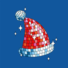 Disco mirror Santa hat in cartoon style on blue background.
Cute Christmas card. Vector funky illustration. - 666484589