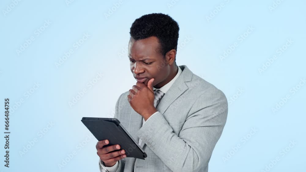 Poster Confused, thinking and business man with tablet problem in studio with network, error or glitch on blue background. Digital, doubt and African entrepreneur why, questions or app, 404 or connect fail