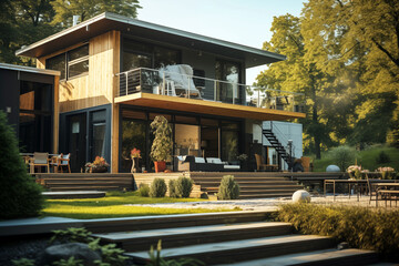 Obraz premium Contemporary modern house. Architect's house. Modern house with large windows. Real estate. Real estate agency. Real estate agent 