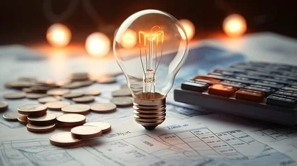 Fotobehang A light bulb, a pen, a calculator and some copper euro cent coins lie on top of an electricity bill. © Lucky Ai