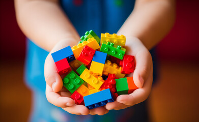 Little kid's hands as joyfully plays with a colorful set of building blocks.