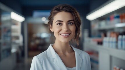 Fototapeta premium Cheerful pharmacist standing in pharmacy drugstore, Medicine, pharmaceutics, health care and people concept: happy female pharmacist giving medications to senior male customer