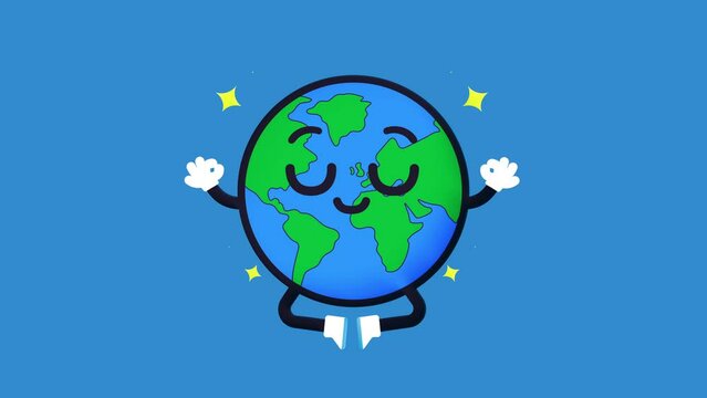 Looped 2D cartoon adorable planet earth emoji with blue background