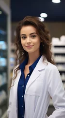 Fotobehang Cheerful pharmacist standing in pharmacy drugstore, Medicine, pharmaceutics, health care and people concept: happy female pharmacist giving medications to senior male customer © ND STOCK