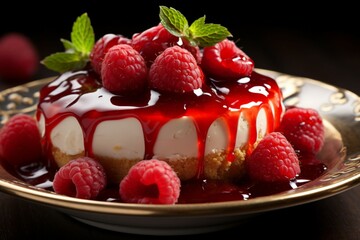 A decadent touch fresh strawberry compote graces the pinnacle of perfection