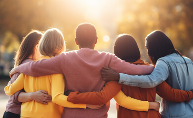 Group of people from different races, dressed in vibrant clothes, hugging each other.