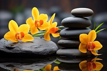 Black stones for spa treatments and yellow archideas. Beauty and relaxation concept