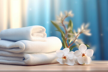 Fototapeta na wymiar White towels and archideas. Beauty, relaxation and spa concept