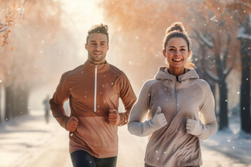 Couple running outdoor during workout on winter day. Man and woman jogging in park. Active people. People while cardio training. Physical fitness. Cardio workout. Healthy lifestyle