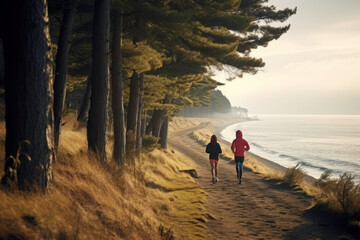 Man and woman jogging on autumn warm day. Running by the sea. Active people. Cardio training. Physical fitness. Cardio workout. Healthy lifestyle. Daily routine of active people - obrazy, fototapety, plakaty