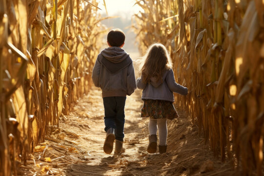Children exploring corn maze in the fall day. Siblings boy and little girl playing in corn maze. Kids on pathway in corn field. Popular tourist attraction