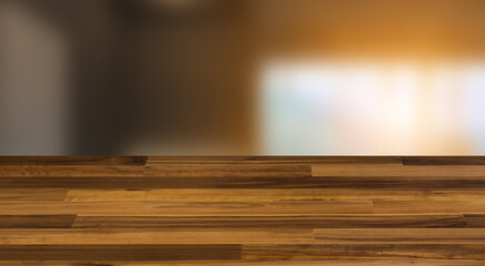 Modern office building interior. 3D rendering.. Sunset., Background with empty wooden table. Flooring.