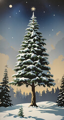 Illustration of a snowcapped christmas tree at night
