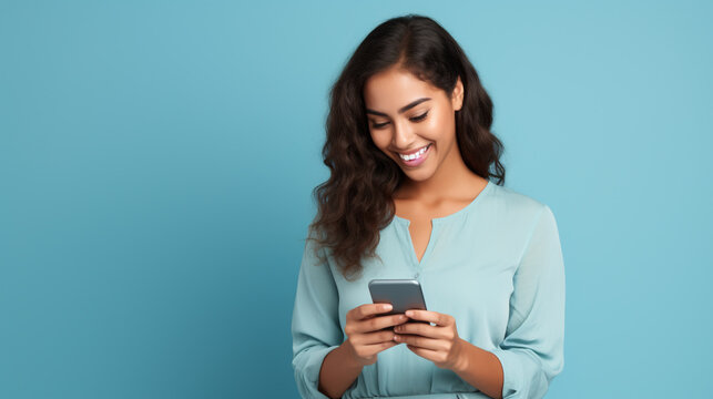 Young adult smiling happy pretty latin woman holding mobile phone looking at smartphone