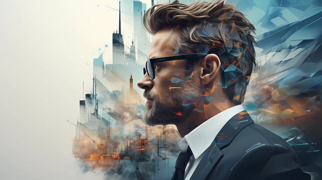Thumbnail image of businessman's profile and city 2 Generative AI.