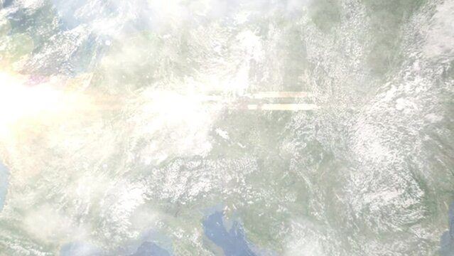 Zoom in from space and focus on Strakonice, Czech Republic. 3D Animation. Background for travel intro. Elements of this image furnished by NASA	