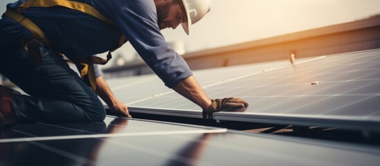 Obraz premium Professional enginee installing solar panel system on rooftop