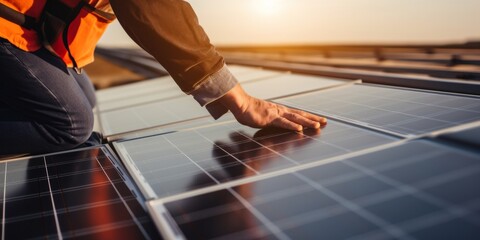Close-up of Worker installing solar panel system on rooftop