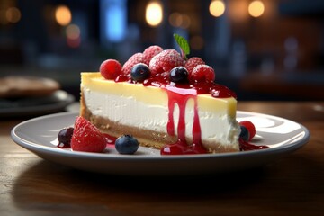 Enticingly arranged cheesecake slice beckons with irresistible, mouthwatering allure