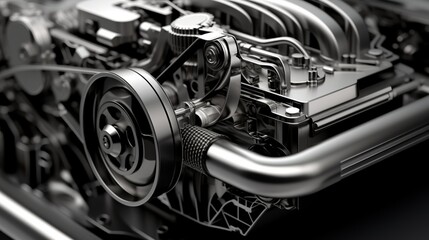 Car engine, concept of modern vehicle motor with metal, chrome, plastic parts, heavy industry,...