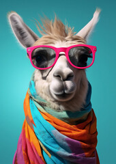 Cute stylish alpaca portrait of llama wearing glasses on blue background wearing glasses and scarf, fashion