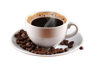Cup of coffee with steam and spilled beans isolated on transparent background PNG