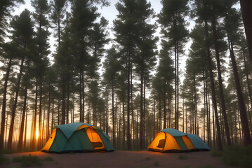 the sun sets, camping tent stands in pine forest