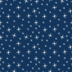 White stars snowflakes on a dark blue background. Vector illustration seamless winter pattern for packaging, wallpaper, textiles