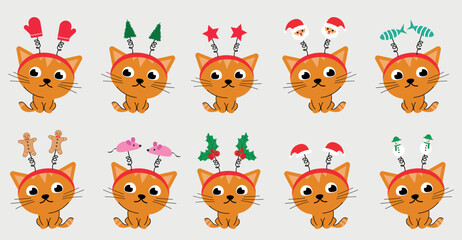 Set of Christmas cats in winter accessories such as a hoop with Christmas trees, gingerbread men, snowflakes. Vector illustration of cute cats in festive outfits, different shapes and colors.