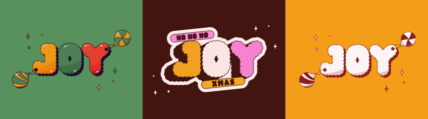 Groovy Christmas halftone Sticker set. Yellow green burgundy backgrounds with color noel phrases.