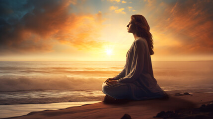 Fototapeta na wymiar Space girl woman meditating at sunset on the seashore 