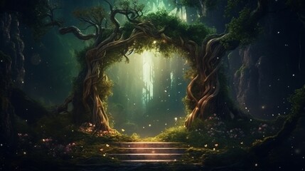 magical portal with arch made with tree branches in for illustration design art. 