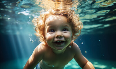 Fototapeta na wymiar Diving Adventure: Adorable Baby Swimming Underwater