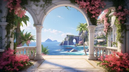nterior Design of a Huge Mansion with the Style of a Monaster, Some Vegetation and Flowers in the Archway near the Sea. 