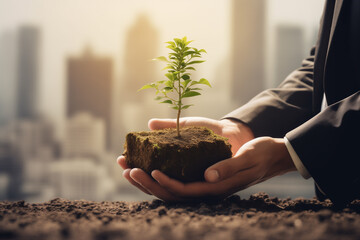 a businessman in suit holding a small sapling plant growing out of dirt, ESG Environmental, social, and corporate governance, Sustainability-Linked Bond SLB, Generative Ai. - obrazy, fototapety, plakaty