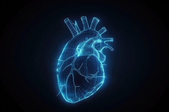 Abstract heart wireframe blue concept Background images of science, medicine, body, anatomy, 3D illustrations.