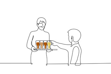 waiter is holding a tray of pints of beer of different types and man is reaching out to one of the glasses - one line art vector. concept Oktoberfest, beer lover, impatient guest or client at the bar - obrazy, fototapety, plakaty