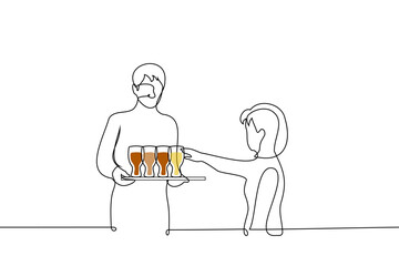 waiter is holding a tray of pints of beer of different types and woman is reaching out to one of glasses - one line art vector. concept Oktoberfest, beer lover, impatient guest or client at the bar