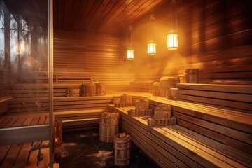 Interior of a wooden sauna in a sauna. Sauna room. Health Care. Healthy Lifestyle. Spa and Wellness concept. Background with a copy space.