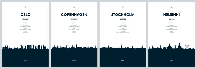 Travel vector set with city skylines Oslo, Copenhagen, Stockholm, Helsinki, detailed city skylines minimalistic graphic artwork