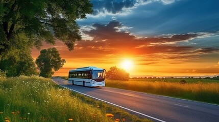 Fototapeta na wymiar White bus traveling on the asphalt road around line of trees in rural landscape at sunset. 