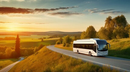 White bus traveling on the asphalt road around line of trees in rural landscape at sunset.  - obrazy, fototapety, plakaty