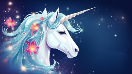 White unicorn vector head with mane and horn. Unicorn on starry background. 