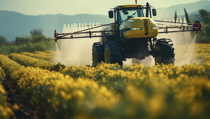 Fototapeta premium Farmer in tractor preparing land with seedbed cultivator before sowing