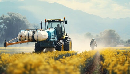 Fototapeta premium Farmer in tractor preparing land with seedbed cultivator before sowing