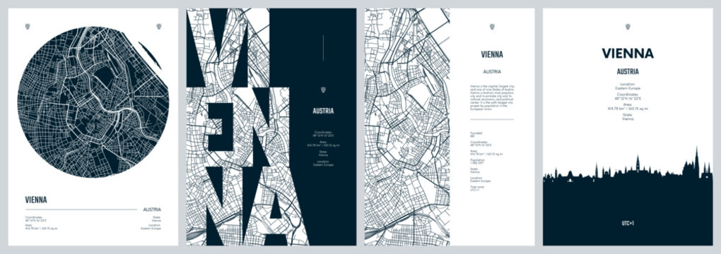 Set of travel posters with Vienna, detailed urban street plan city map, Silhouette city skyline, vector artwork