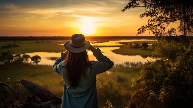 Woman looking through binoculars at the nature of Brazil. Beautiful sunset view of the Pantanal, Bonito, in Mato Grosso do Sul. 
